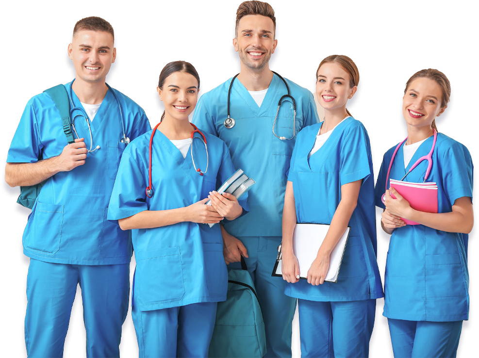 cinque operatori socio-sanitari con divise azzurre e diverse attrezzature mediche