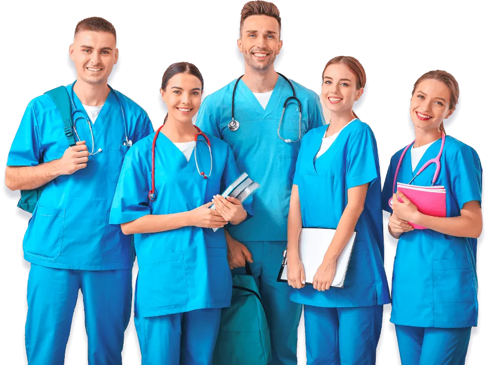 cinque operatori socio-sanitari con divise azzurre e diverse attrezzature mediche