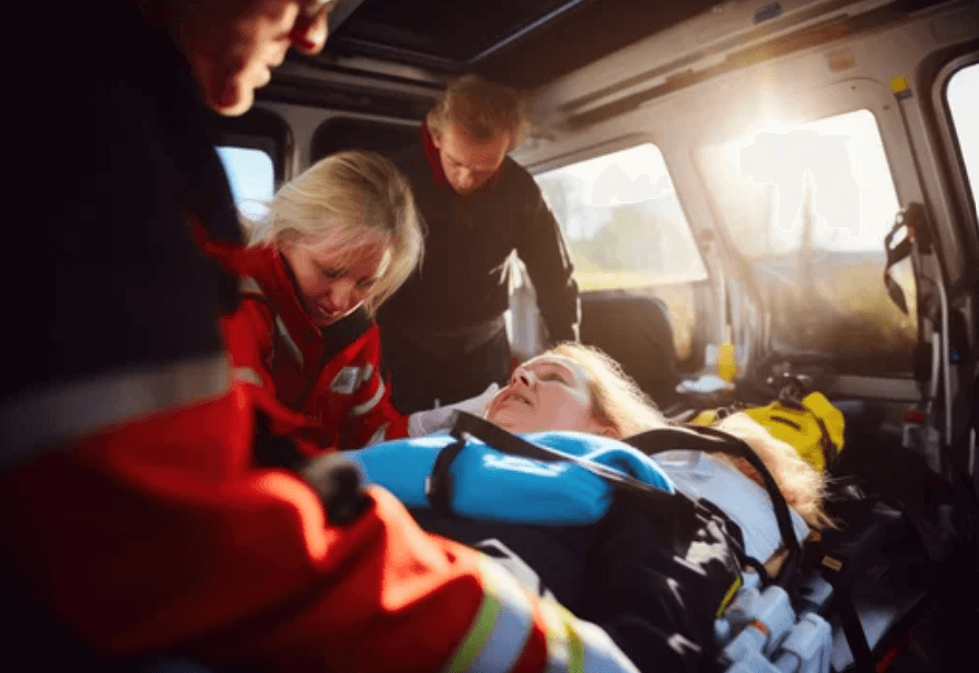 Un equipe di soccorritori che assistono una ragazza all'interno dell'ambulanza